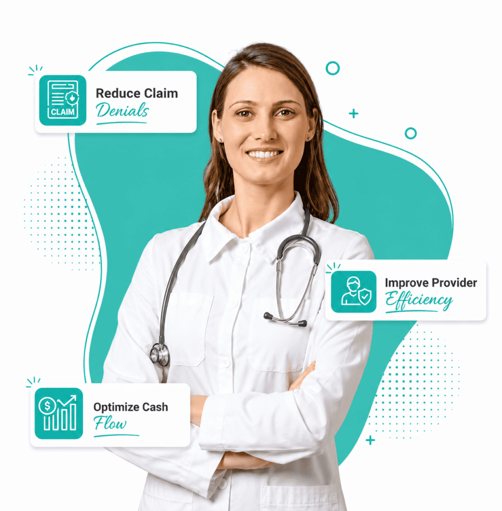 Female doctor standing confident with stethoscope highlighting services to reduce claim denials and improve provider efficiency